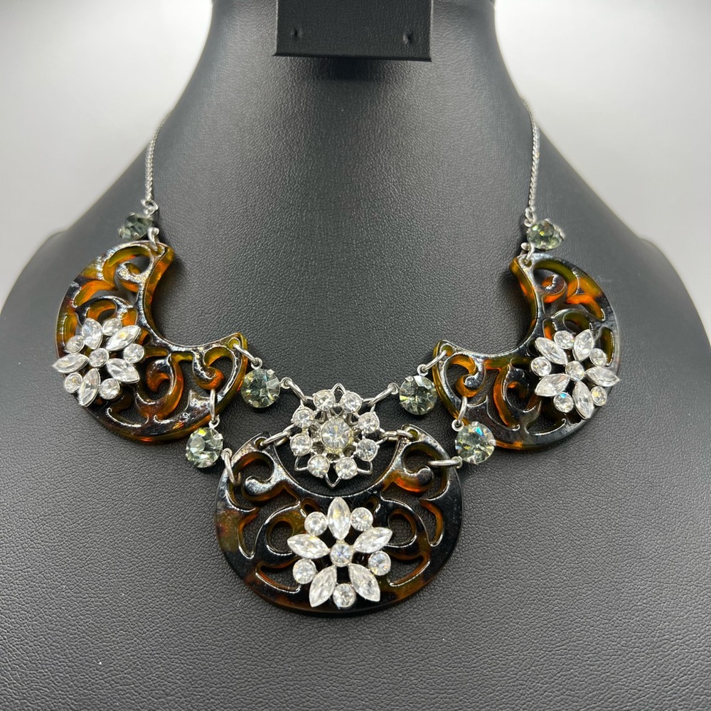 Tortoiseshell and Floral Rhinestone Statement Necklace